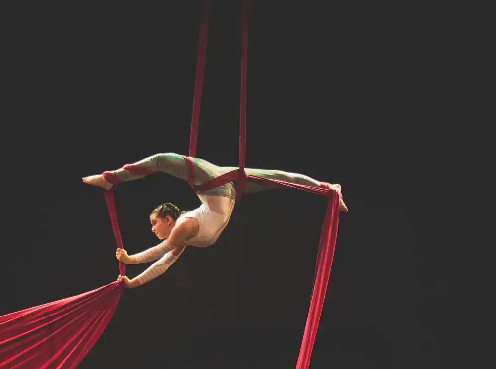 Aerial acrobats performing on silks during a live show