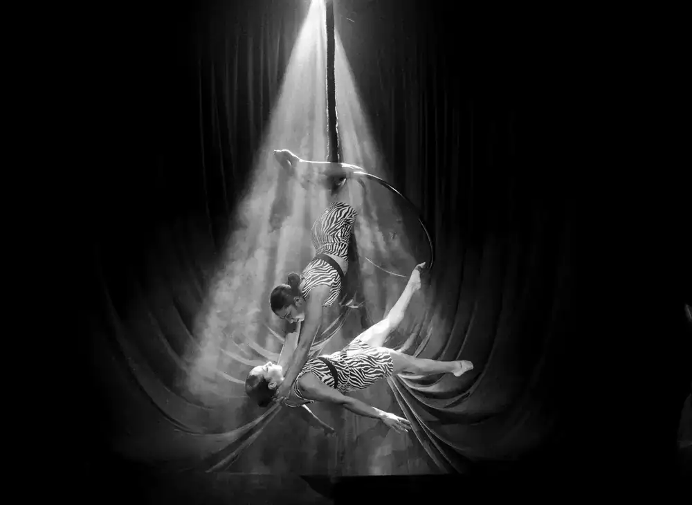 Circus performers bowing on stage after an event